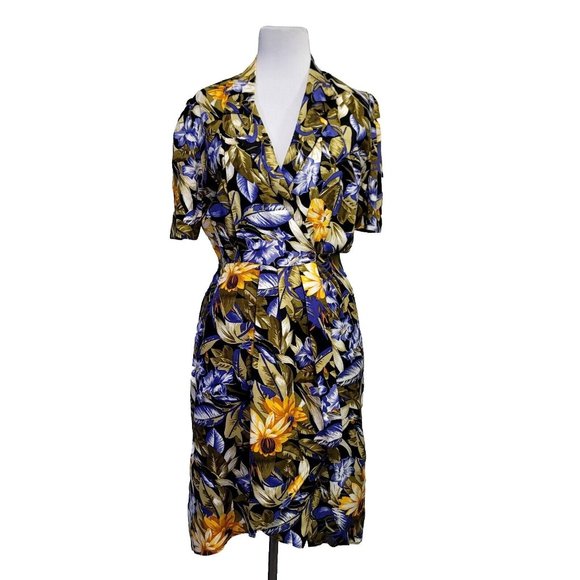 Vintage 80s 90s Cimmaron Dress M Bright Floral Wrap Shirt Dress Spring Garden - Picture 1 of 10